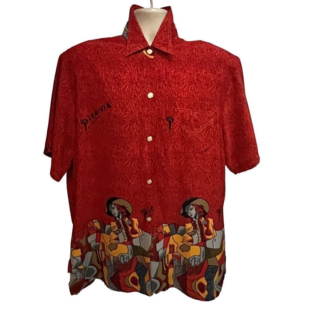 Pablo Picasso Vintage 80s Pop Art Print Red Button Front Camp Shirt XL Pocket